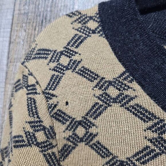 Pendleton Tan and Black Diamond Lattice Woven Merino Wool Cardigan - Picture 2 of 5